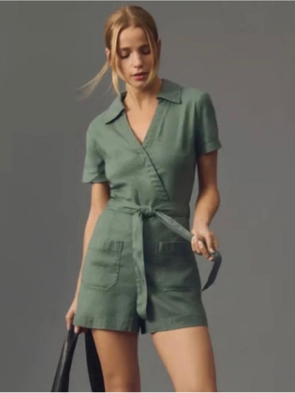 Anthropologie Olive Green Short-Sleeve Tie-Waist Romper ****MISSING BELT***